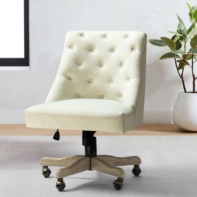 Jovita Ivory Ergonomic Button-Tufted Linen Adjustable Height Task Chair
