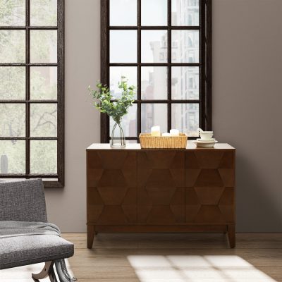 Joyce Walnut 3-Door Hexagon Sideboard Storage Cabinet