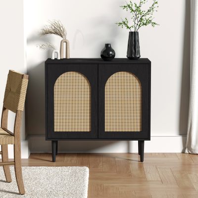 Juli Black Rattan Door Rustic Accent Cabinet Storage Cabinet