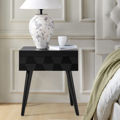 Julian Black Mid-Century Modern Charging Side Table with Shelf