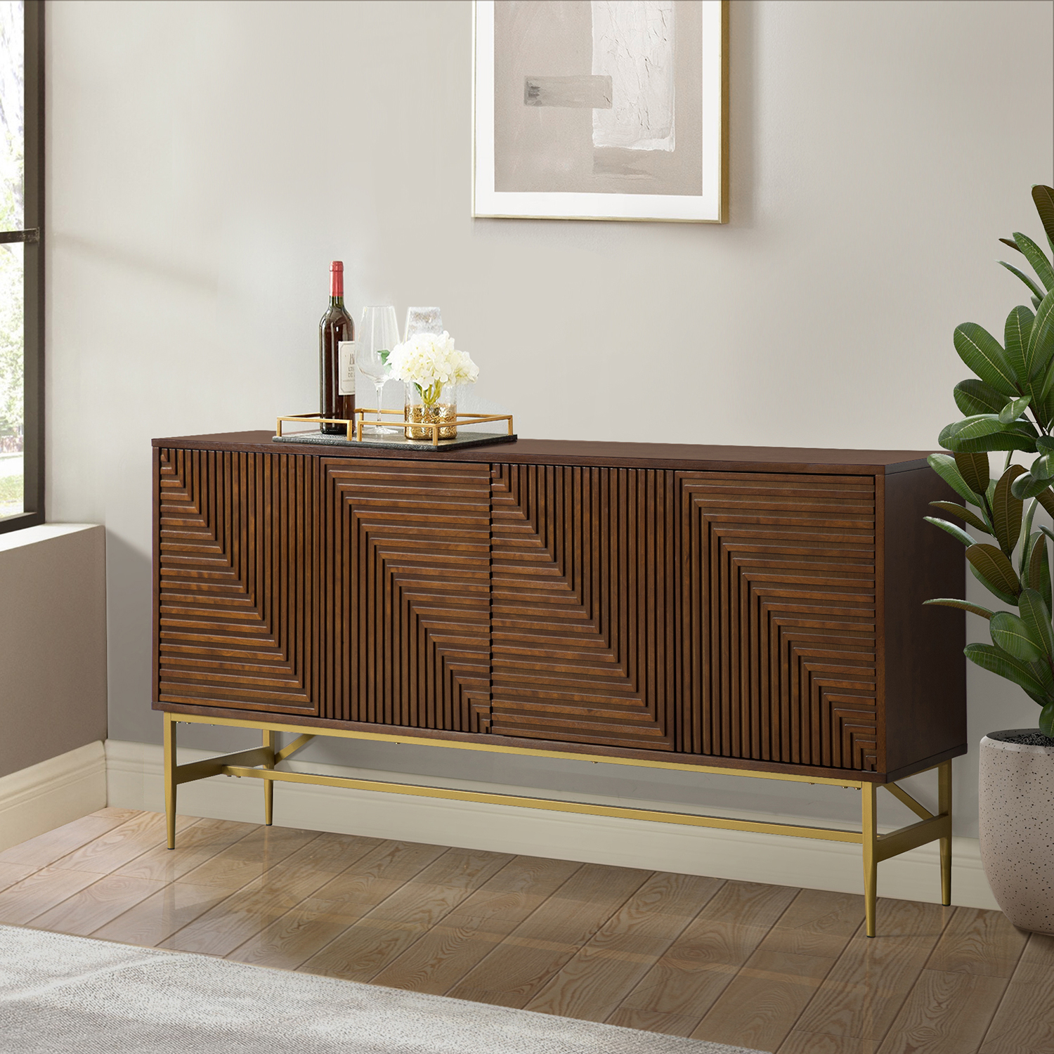 Julian Walnut Geometric 4-Door Mid-Century Modern Sideboard 1 Julian Walnut Geometric 4-Door Mid-Century Modern Sideboard