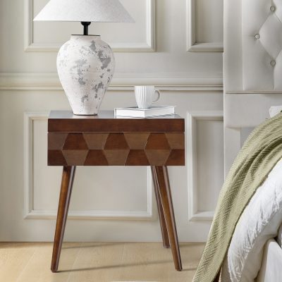 Julian Walnut Mid-Century Modern Charging Side Table with Shelf