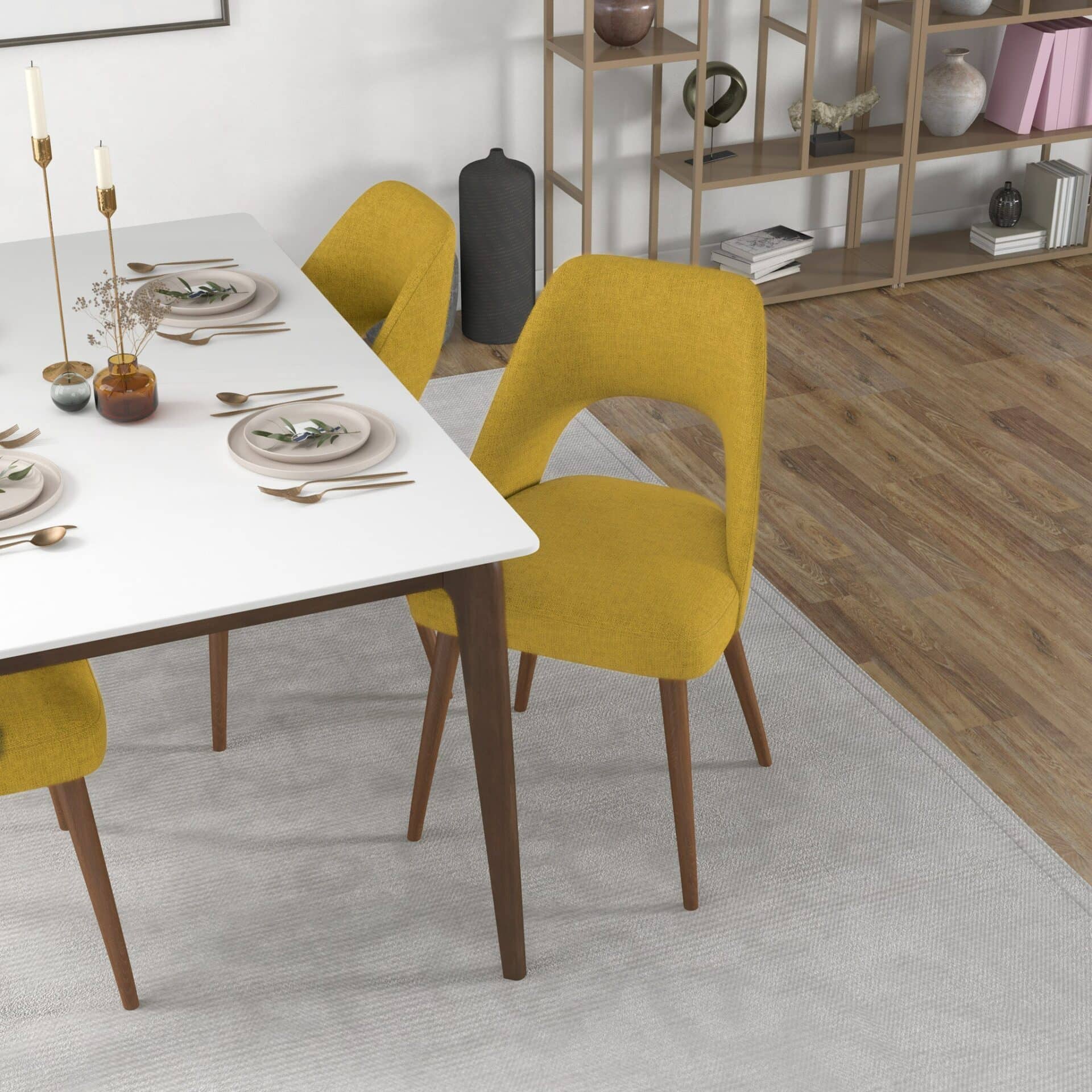 Yellow Fabric Mid Century Modern Dining Chairs (Set of 2) 4 Yellow Fabric Mid Century Modern Dining Chairs (Set of 2) - Image 4