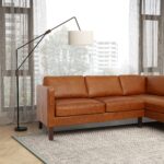 Cognac Leather Sectional Sofa with High-Leg Design and Comfort