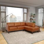 Cognac Leather Sectional Sofa with High-Leg Design and Comfort