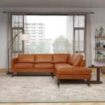 Cognac Leather Sectional Sofa with High-Leg Design and Comfort