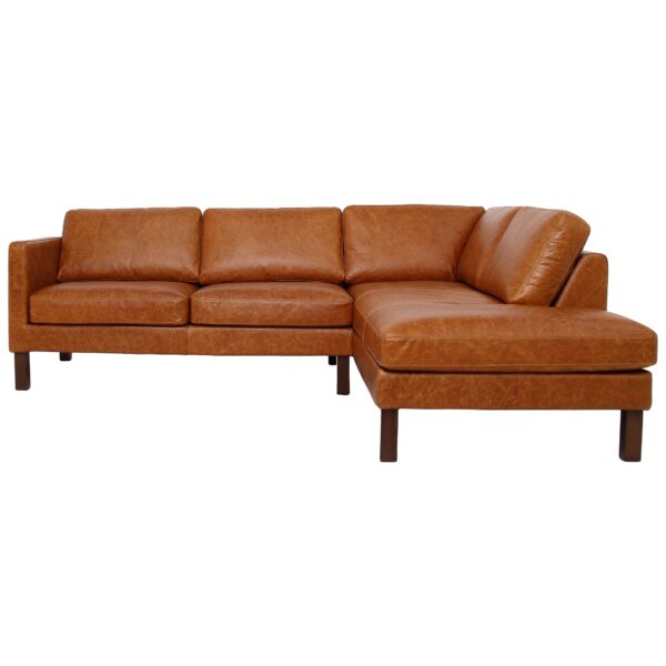 Cognac Leather Sectional Sofa with High-Leg Design and Comfort
