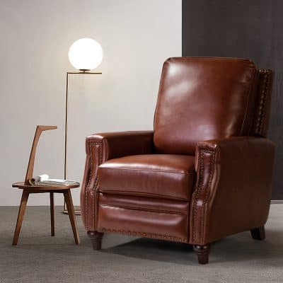 Amil Brown Genuine Leather Mid-Century Modern Nailhead Trim Recliner
