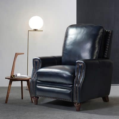 Amil Navy Genuine Leather Mid-Century Modern Nailhead Trim Recliner