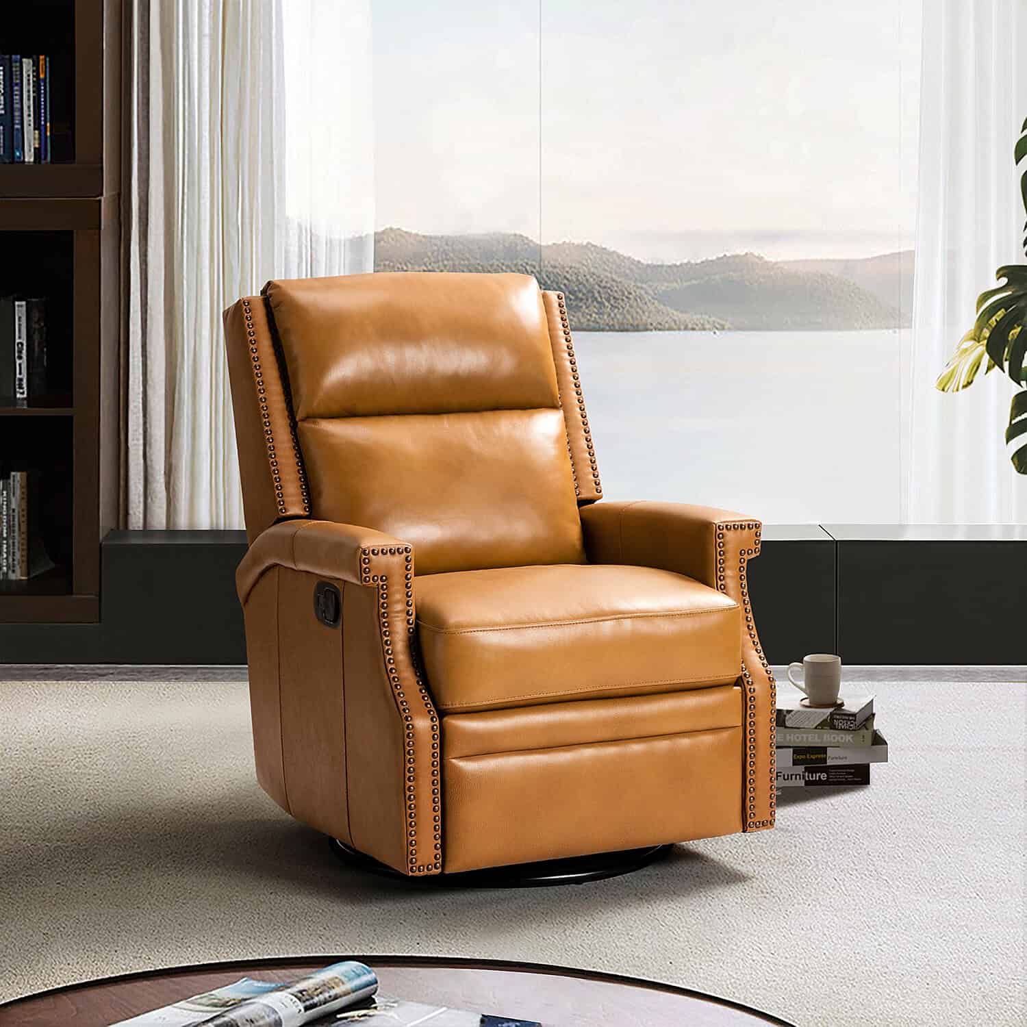 Louise Camel Leather Nailhead Swivel Rocker Recliner 1 Louise Camel Leather Nailhead Swivel Rocker Recliner