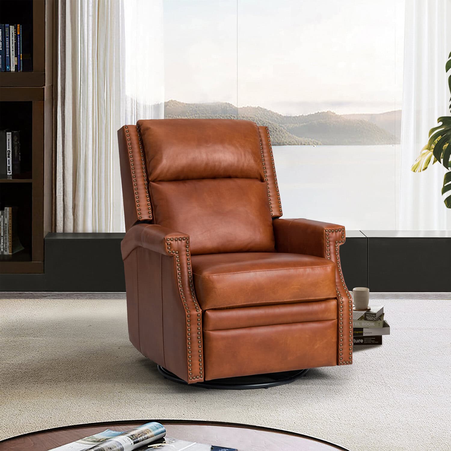 Louise Saddle Genuine Leather Swivel Rocker Recliner Nailhead Trim 1 Louise Saddle Genuine Leather Swivel Rocker Recliner Nailhead Trim