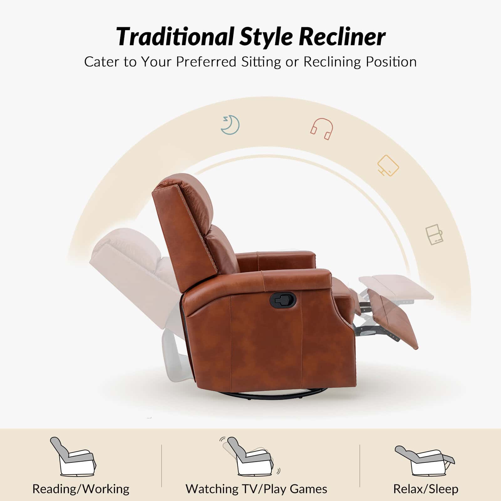 Louise Saddle Genuine Leather Swivel Rocker Recliner Nailhead Trim 5 Louise Saddle Genuine Leather Swivel Rocker Recliner Nailhead Trim - Image 5