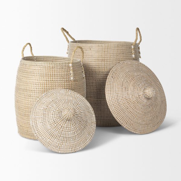Kairi Set of 2 Seagrass Floor Baskets w Lids and Handles 6