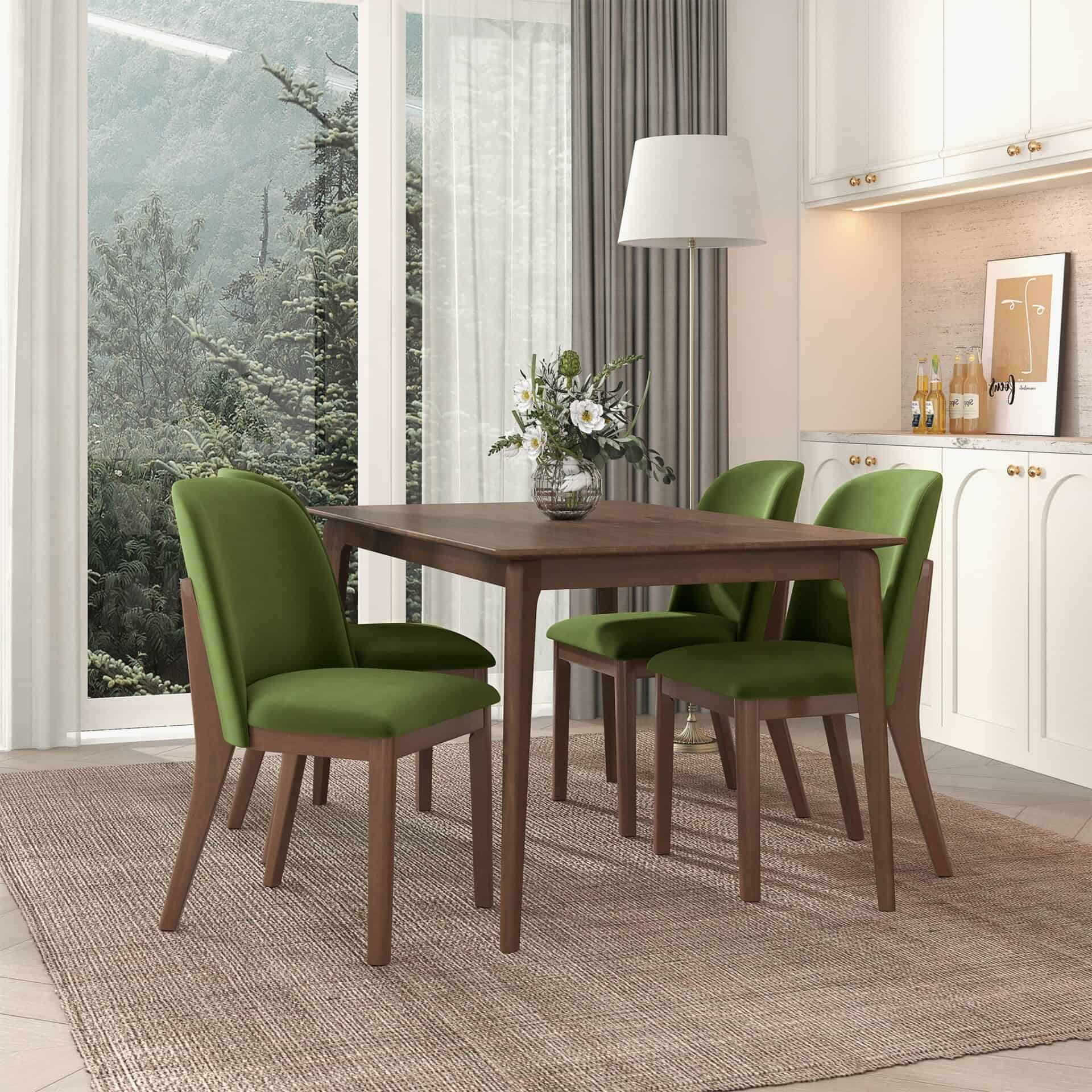 Green Velvet Mid-Century Modern Dining Chairs Solid Wood (Set of 2) 2 Green Velvet Mid-Century Modern Dining Chairs Solid Wood (Set of 2) - Image 2