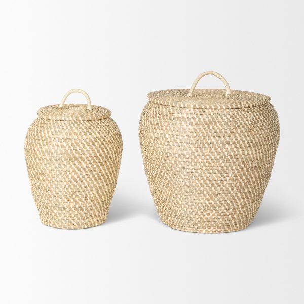 Kalopa Set of 2 Seagrass Floor Baskets w Flat Handled Lid 2