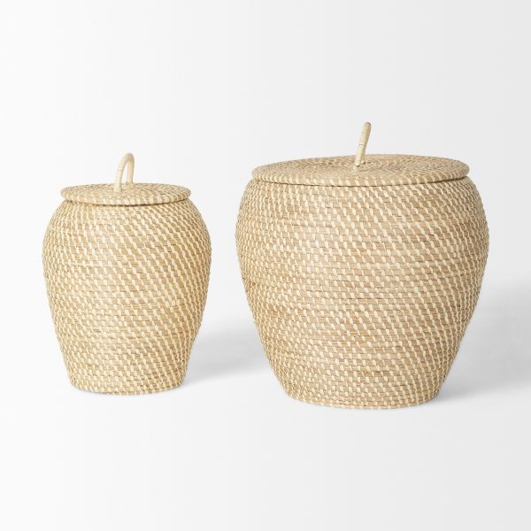 Kalopa Set of 2 Seagrass Floor Baskets w Flat Handled Lid 3