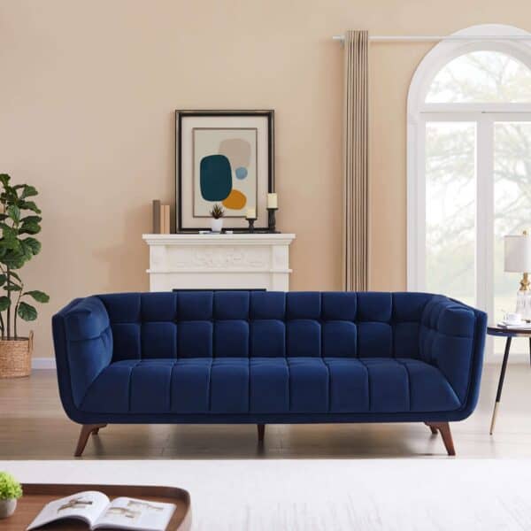 Blue Velvet Mid-Century Modern Sofa with Solid Wood Frame