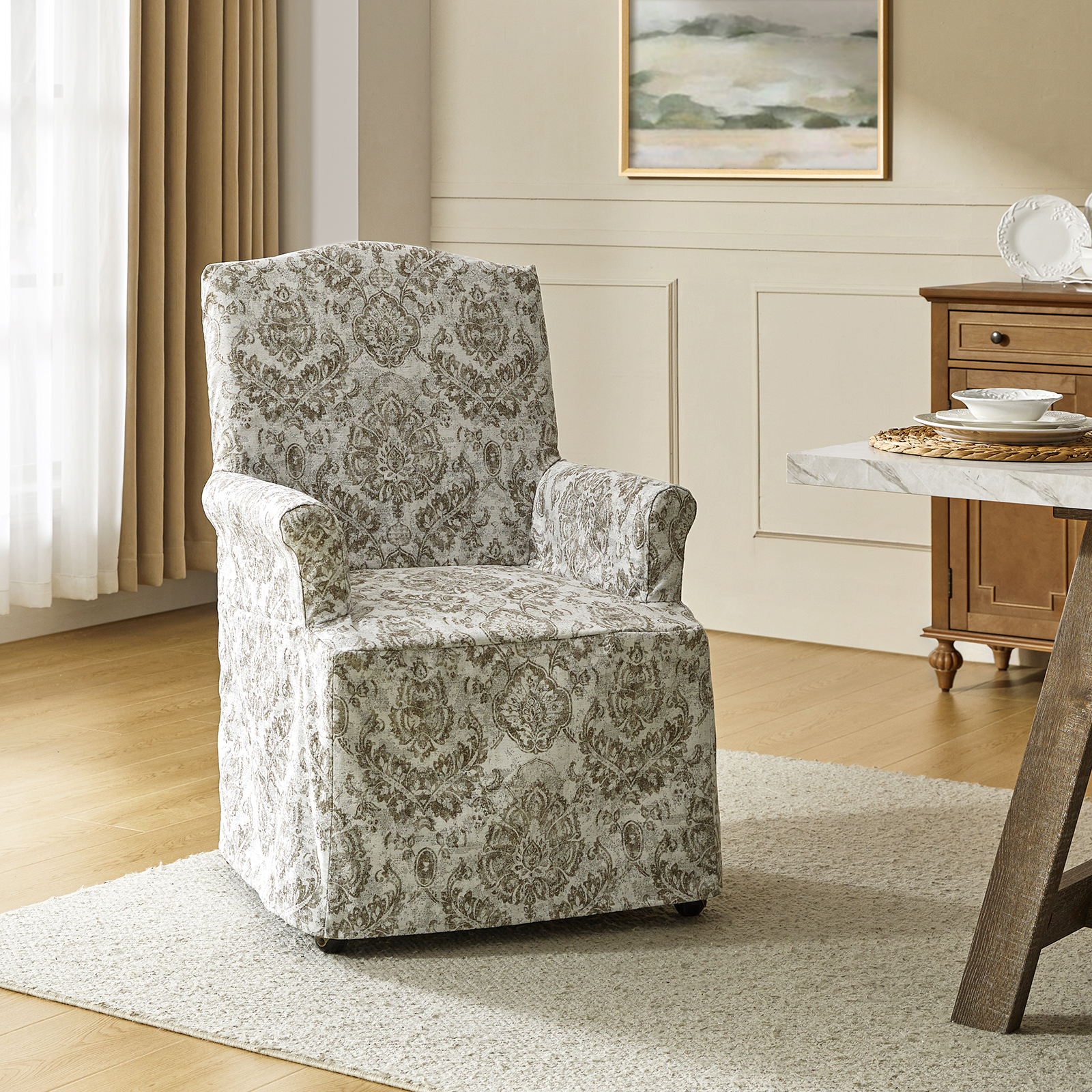 Kanrad Beige Slipcover Roll Arm Dining Chair with Casters 2 Kanrad Beige Slipcover Roll Arm Dining Chair with Casters - Image 2