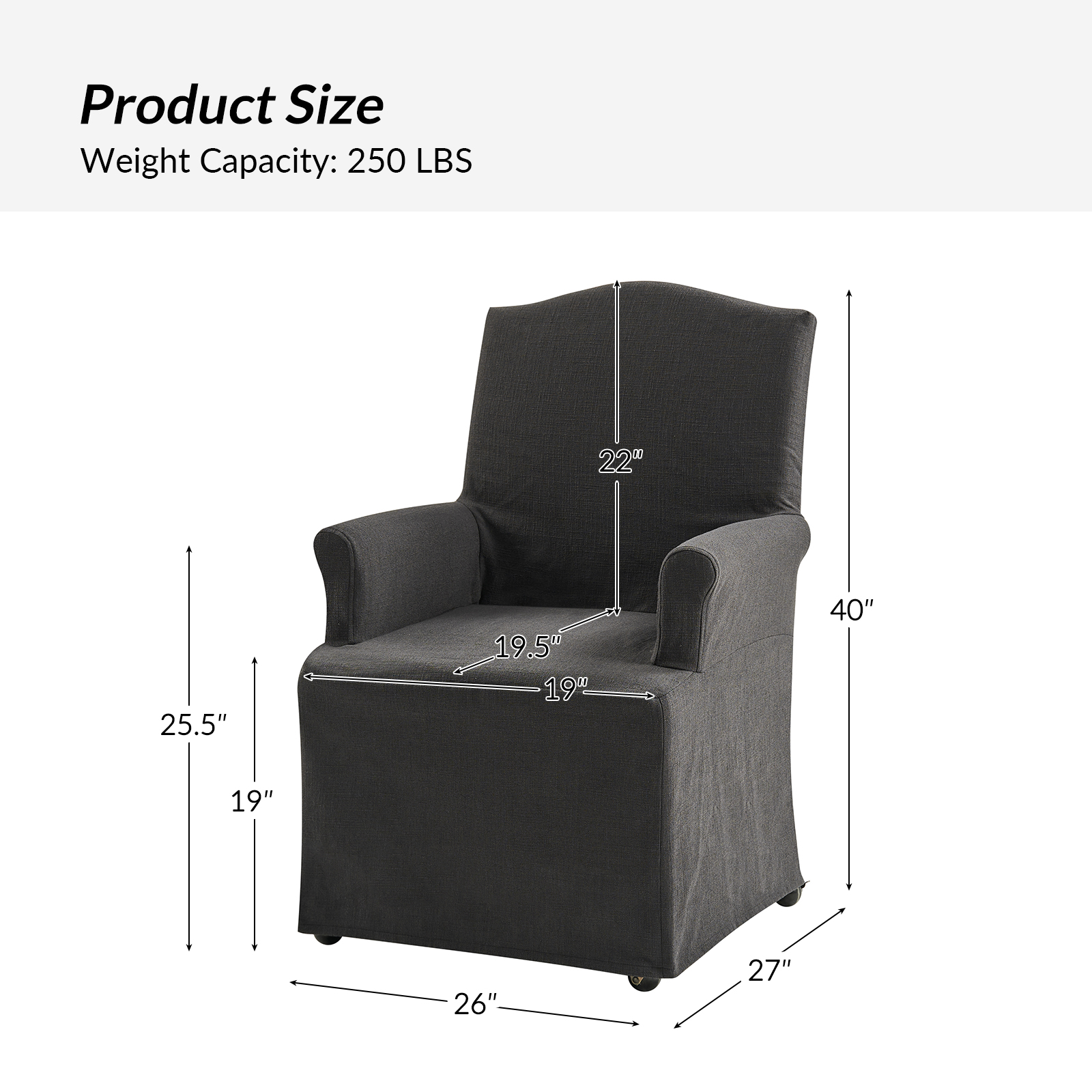 Kanrad Charcoal Slipcover Roll Arm Dining Chair with Casters 5 Kanrad Charcoal Slipcover Roll Arm Dining Chair with Casters - Image 5