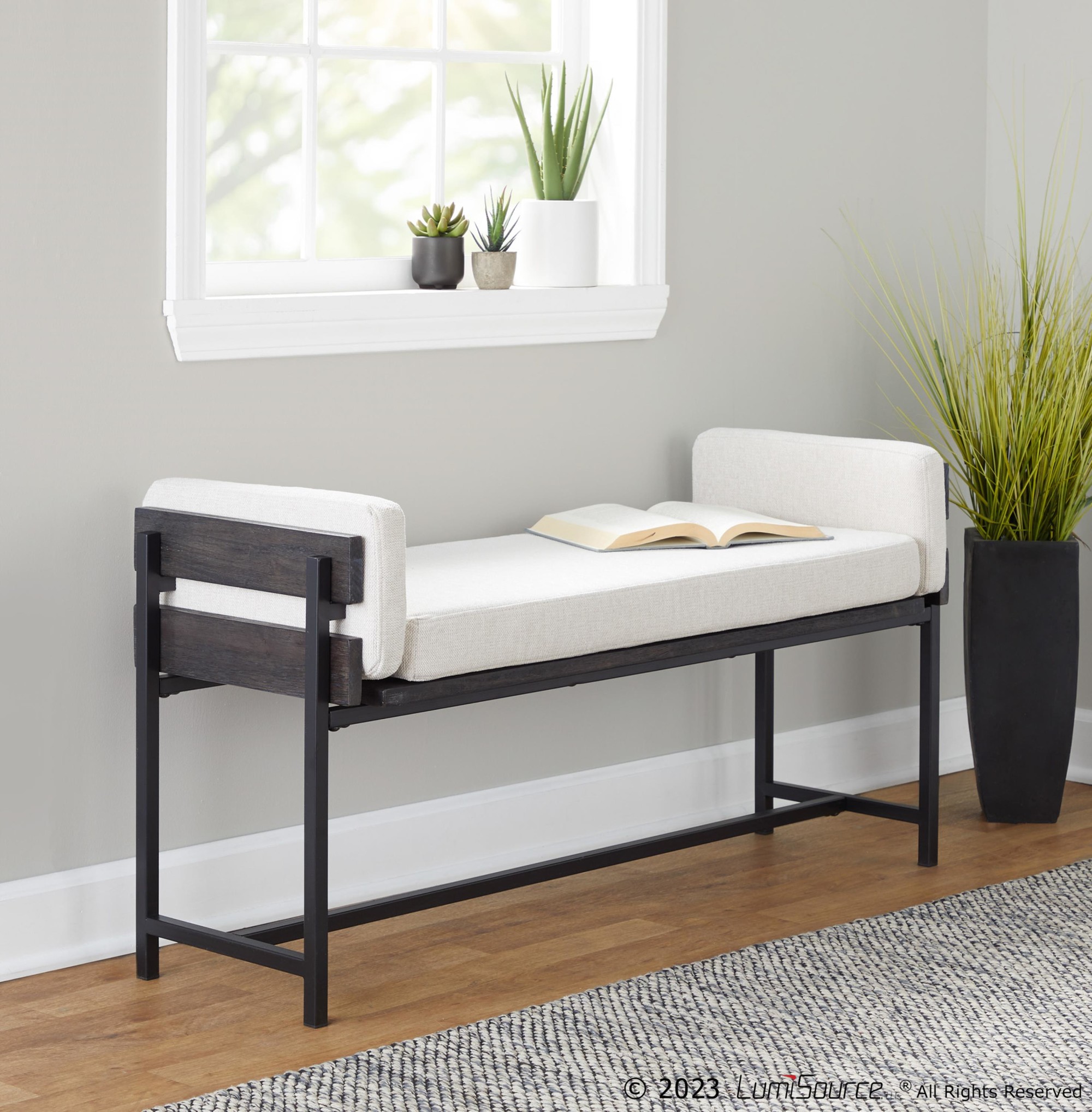 Kari 18 Inch Farmhouse Bench with Grey Wood and Fabric 2 Kari 18 Inch Farmhouse Bench with Grey Wood and Fabric - Image 2