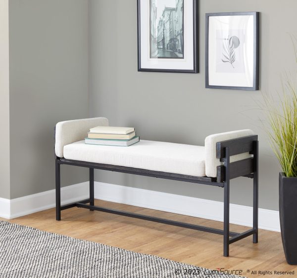 Kari 18 Inch Farmhouse Bench with Grey Wood and Fabric
