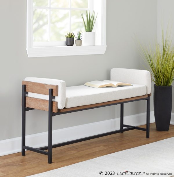 Kari 18 Inch Farmhouse Bench with Metal and Fabric 1