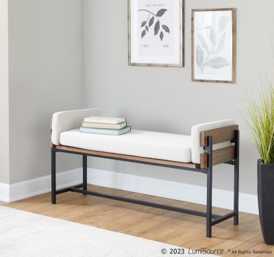 Kari 18 Inch Farmhouse Bench with Metal and Fabric