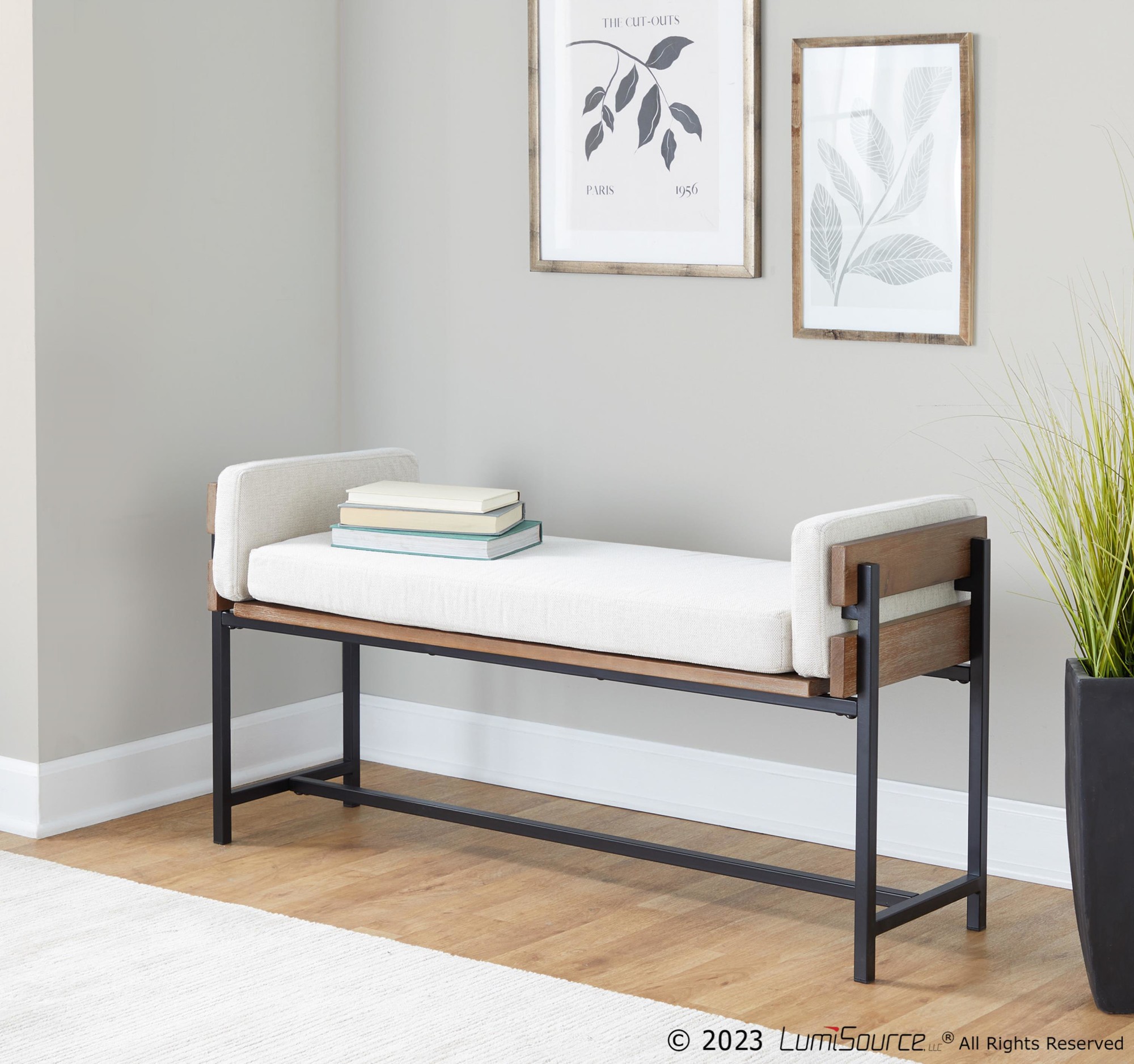 Kari 18 Inch Farmhouse Bench with Metal and Fabric 1 Kari 18 Inch Farmhouse Bench with Metal and Fabric