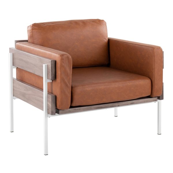 Kari Farmhouse Accent Chair White Metal Grey Wood Camel Leather 1
