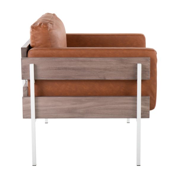 Kari Farmhouse Accent Chair White Metal Grey Wood Camel Leather 2