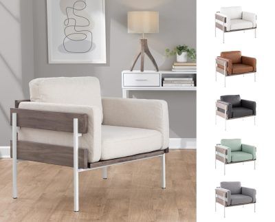 Kari Farmhouse Accent Chair White Metal Grey Wood Camel Leather