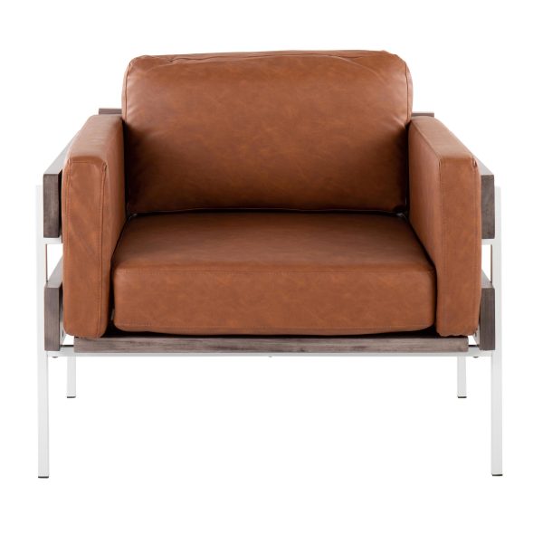 Kari Farmhouse Accent Chair White Metal Grey Wood Camel Leather 5