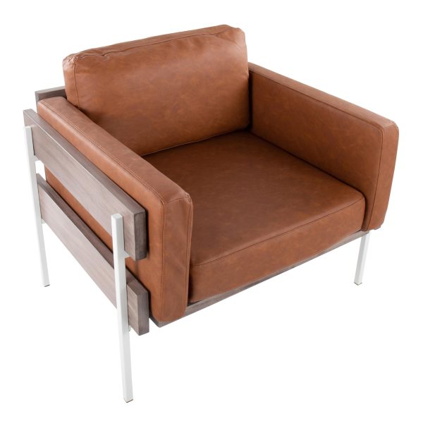 Kari Farmhouse Accent Chair White Metal Grey Wood Camel Leather 6
