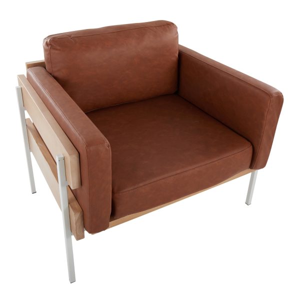 Kari Farmhouse Accent Chair White Metal Wood Camel Faux Leather 6