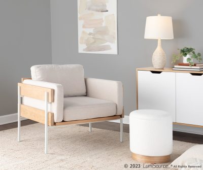 Kari Farmhouse Accent Chair in White Metal and Cream Upholstery