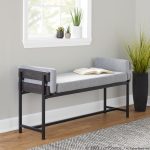 Kari Luxe Farmhouse Light Grey Fabric Black Metal Bench 11 Kari Luxe Farmhouse Light Grey Fabric Black Metal Bench