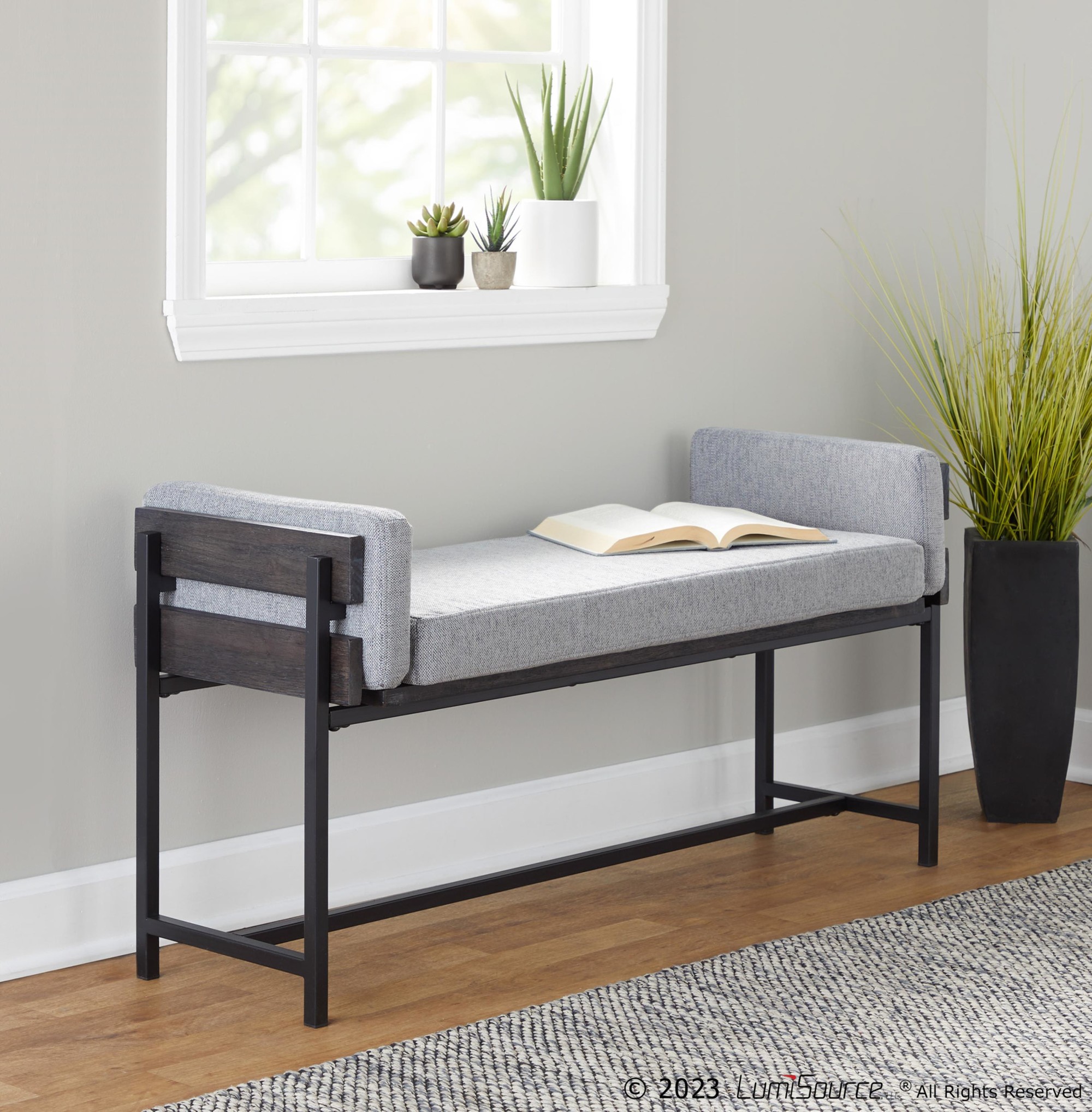 Kari Luxe Farmhouse Light Grey Fabric Black Metal Bench 2 Kari Luxe Farmhouse Light Grey Fabric Black Metal Bench - Image 2