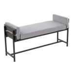 Kari Luxe Farmhouse Light Grey Fabric Black Metal Bench 12 Kari Luxe Farmhouse Light Grey Fabric Black Metal Bench