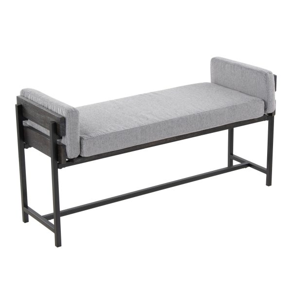 Kari Luxe Farmhouse Light Grey Fabric Black Metal Bench 2