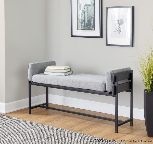 Kari Luxe Farmhouse Light Grey Fabric Black Metal Bench