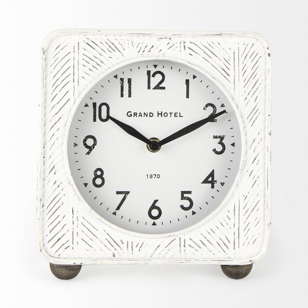 Karl 8.0L x 2.8W x 8.8H Rustic White Iron Rounded Square Table Clock 3