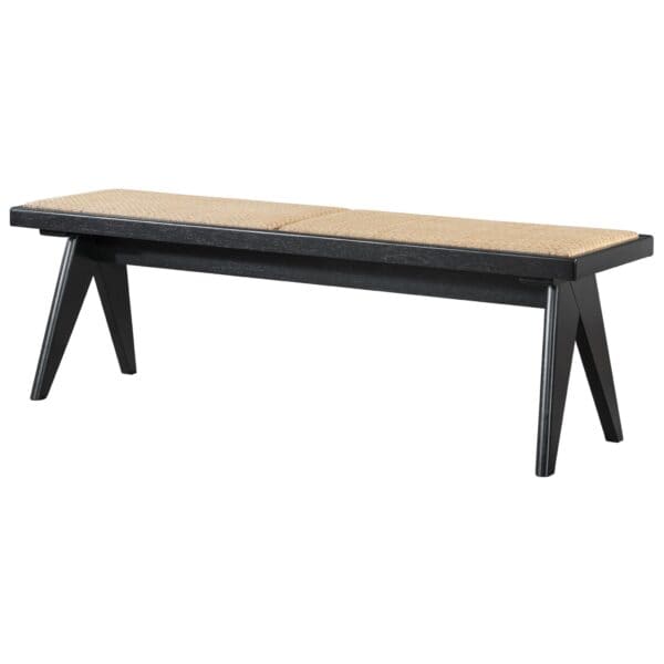Black Rattan Bench with Solid Wood Base and Legs