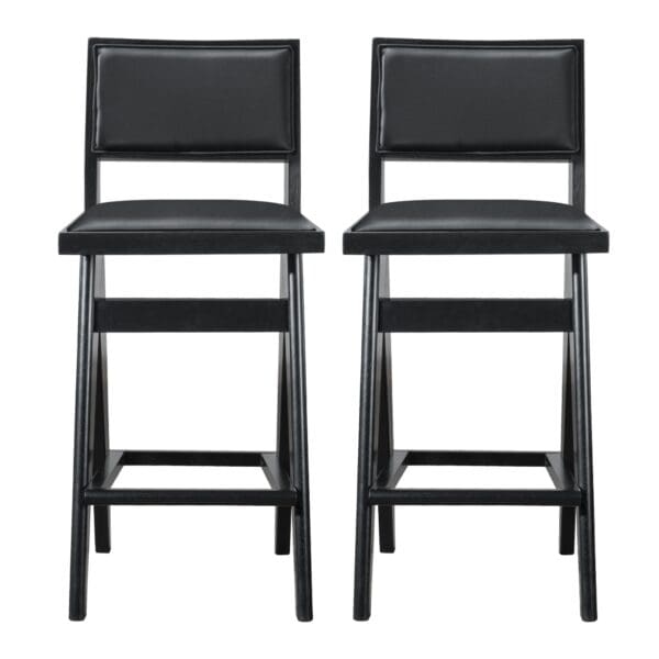 Black PU Leather Mid-Century Bar Stools with Backrest (Set of 2)