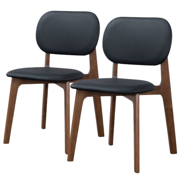 Black Leather Dining Chairs Walnut Base Mid Century Modern (Set of 2)
