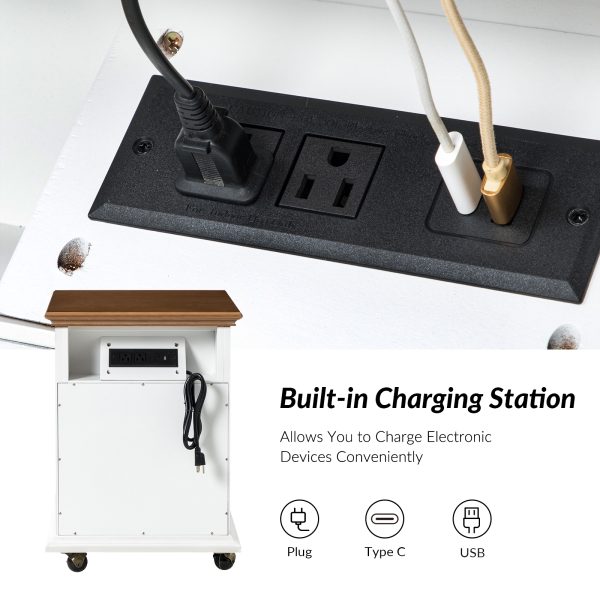 Kevin White Lift Top Farmhouse End Table with Charging and Casters 3