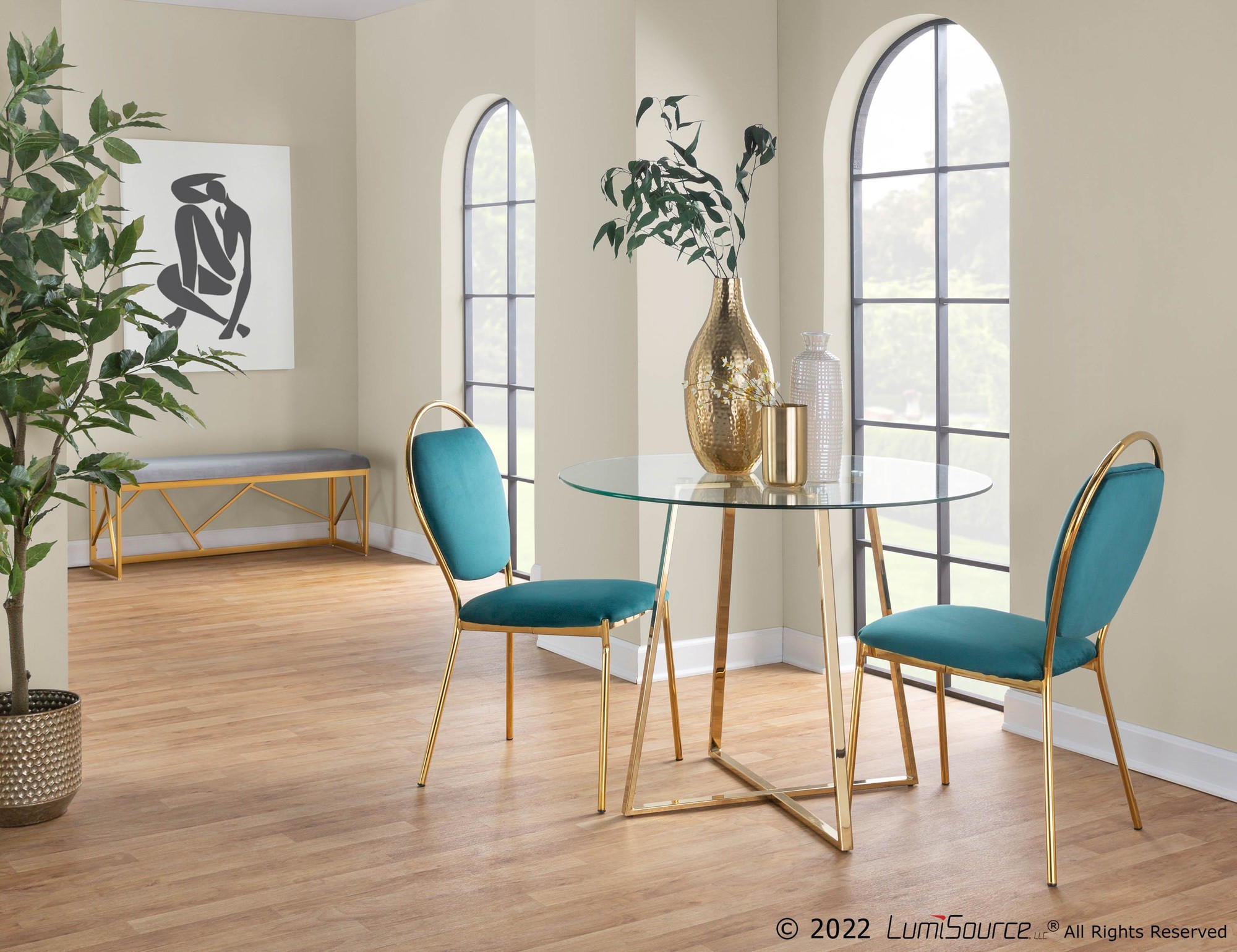 Keyhole Green Velvet Gold Contemporary Dining Chairs (Set of 2) 3 Keyhole Green Velvet Gold Contemporary Dining Chairs (Set of 2) - Image 3