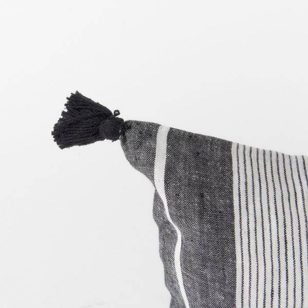 Kimia 14L x 26W White and Black Fabric Herringbone and Fringed Decorative Pillow Cover 9