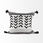 Kimia 20L x 20W White and Black Fabric Herringbone and Fringed Decorative Pillow Cover
