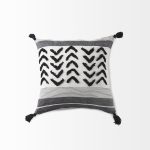 Kimia 20L x 20W White and Black Fabric Herringbone and Fringed Decorative Pillow Cover