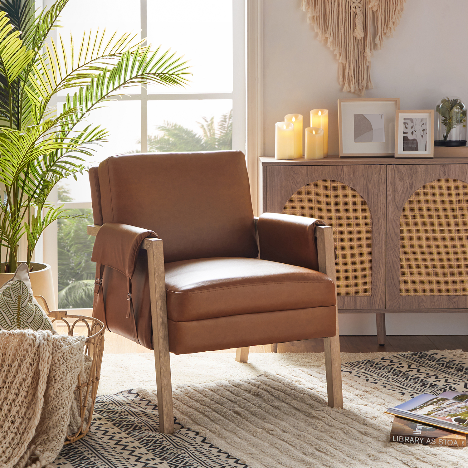 Kirsten Camel Vegan Leather Boho Farmhouse Armchair 1 Kirsten Camel Vegan Leather Boho Farmhouse Armchair